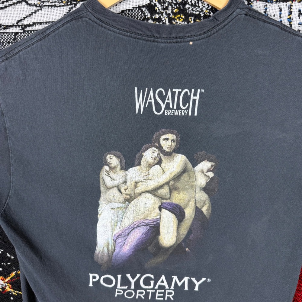 Vintage Wasatch Brewery Polygamy Porter T-Shirt Faded Black Graphic Tee XL 21x28